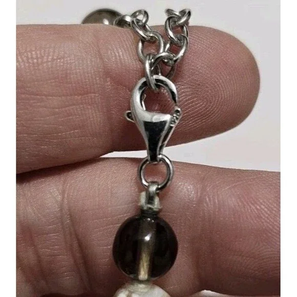 Vintage Sterling Silver 925 Onyx Mother Of Pearl Beaded Necklace - Picture 6 of 6